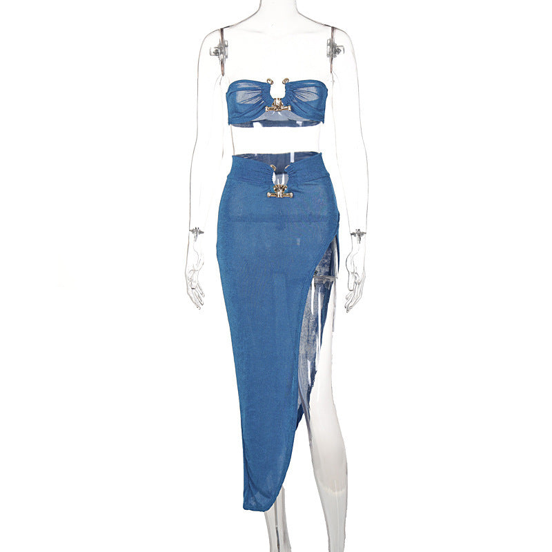 Satin Tube Top & Midi Skirt Set | Sexy Elegant Two-Piece for Women